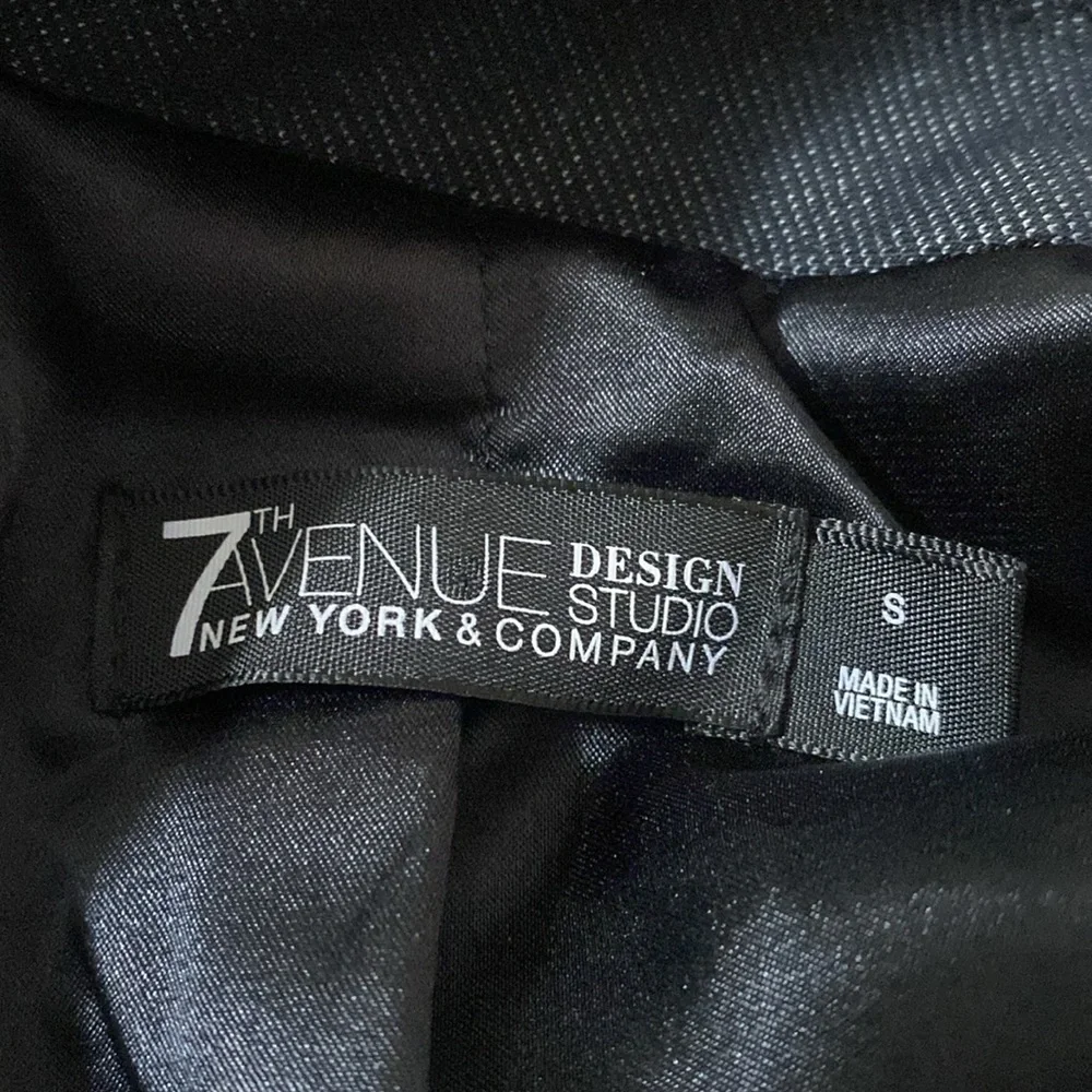 7th Avenue New York & Co denim like tweed ribbon trimmed tailored blazer size S